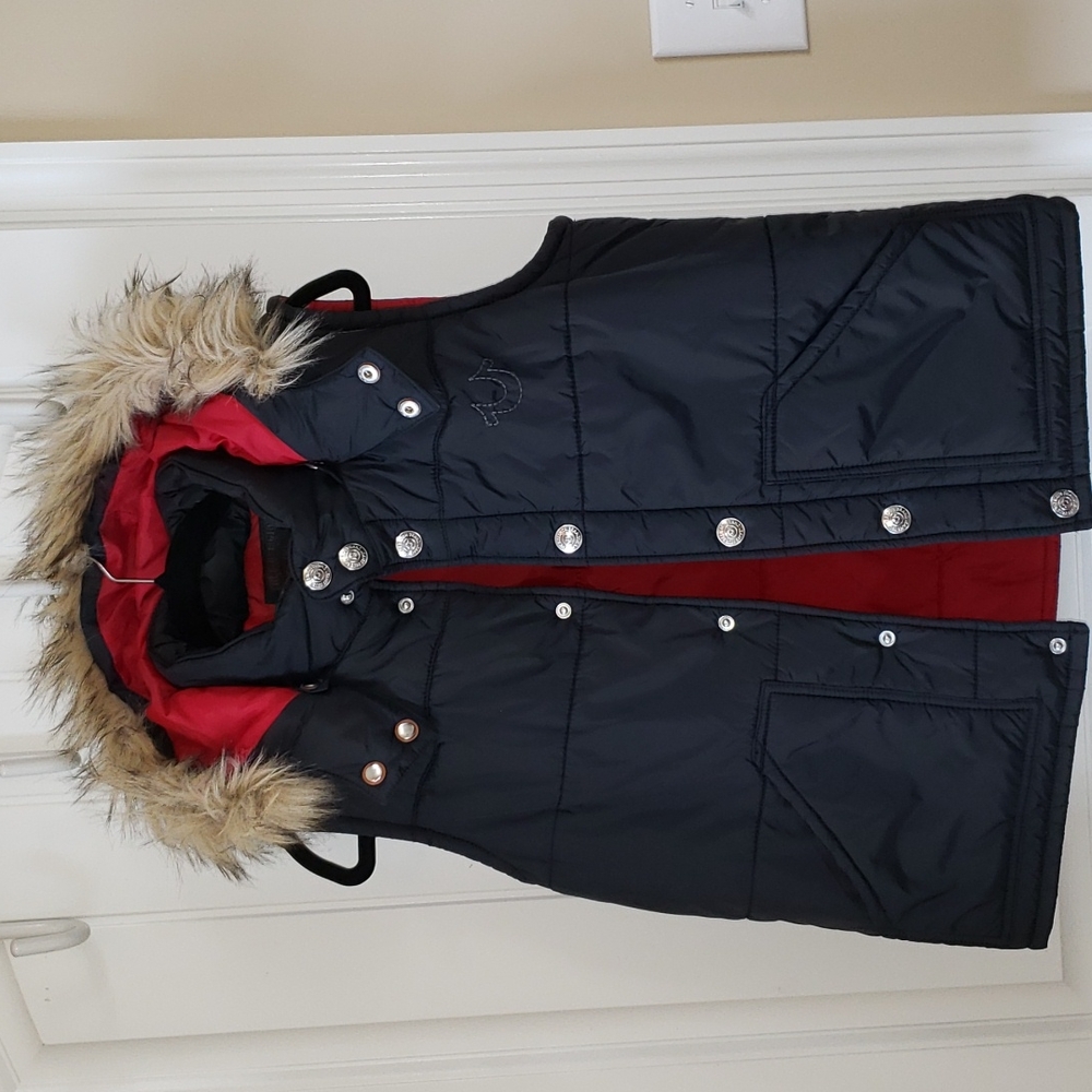 True Religion Puffer Vest With Fur Lined Hood Size L